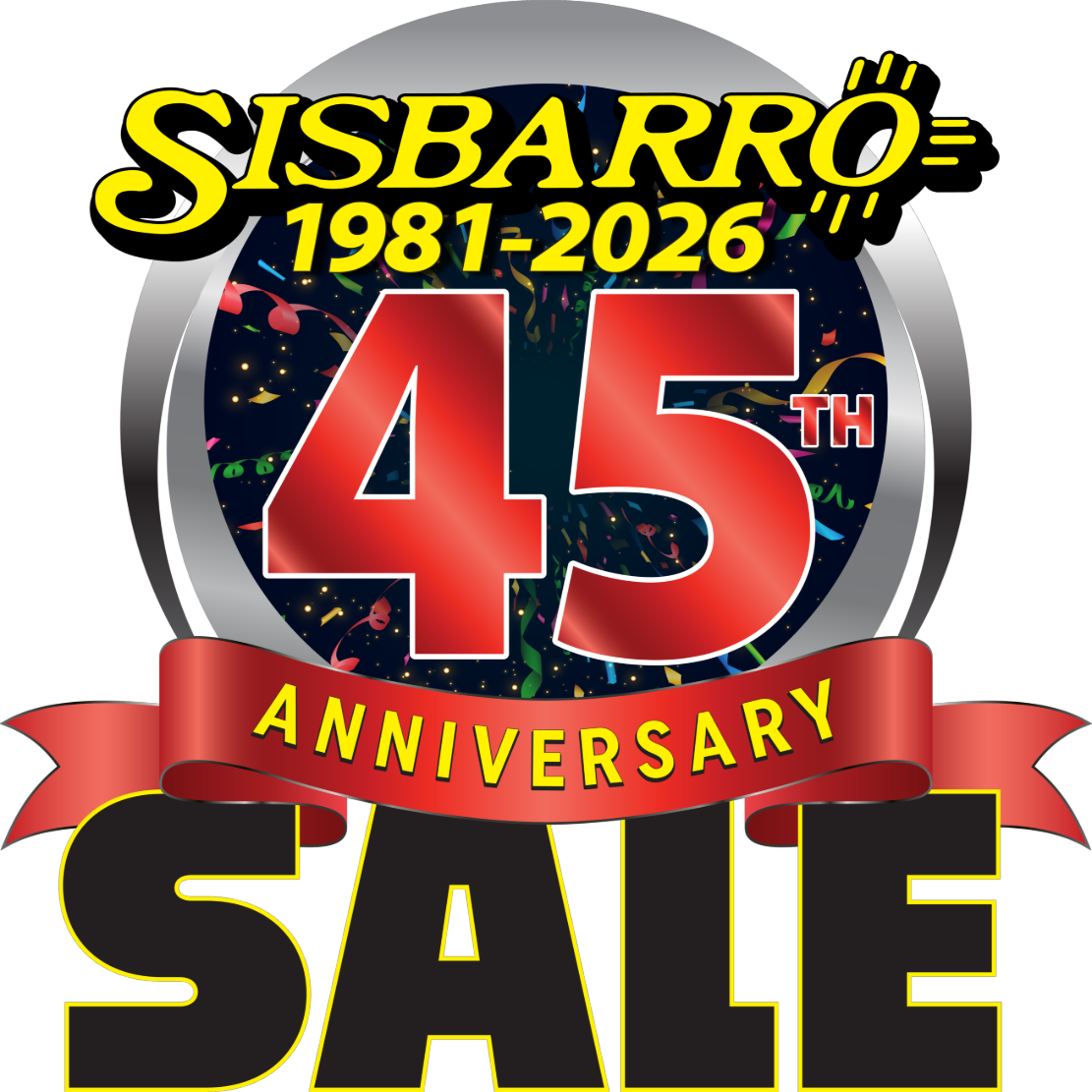 A banner celebrating The Sisbarro Dealerships' 45th anniversary sale
